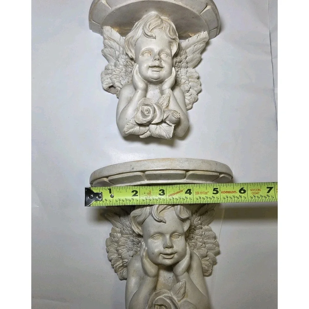 Set of 2 Vintage Hand Carved Wood Cherub Angel Wall Shelf Corbels with Roses